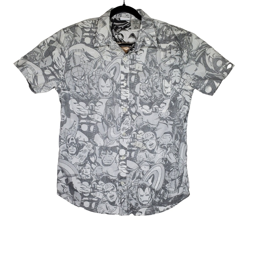 Marvel Comics Avengers All Over Print Button Down Shirt Grey Mens Medium M